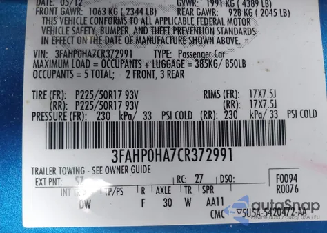 2012 Ford Fusion Se z USA, uszkodzony, nr VIN 3FAHP0HA7CR372991